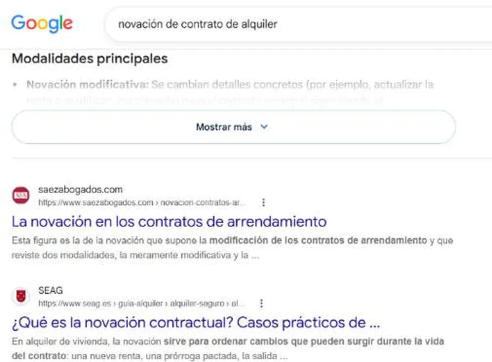 Resultado real de Google para «novación de contrato de alquiler» con saezabogados.com en primera posición